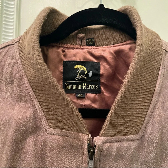 Vintage Nieman Marcus Suede Leather Bomber Jacket Tan Size 40 US L Made in Korea - Picture 2 of 7